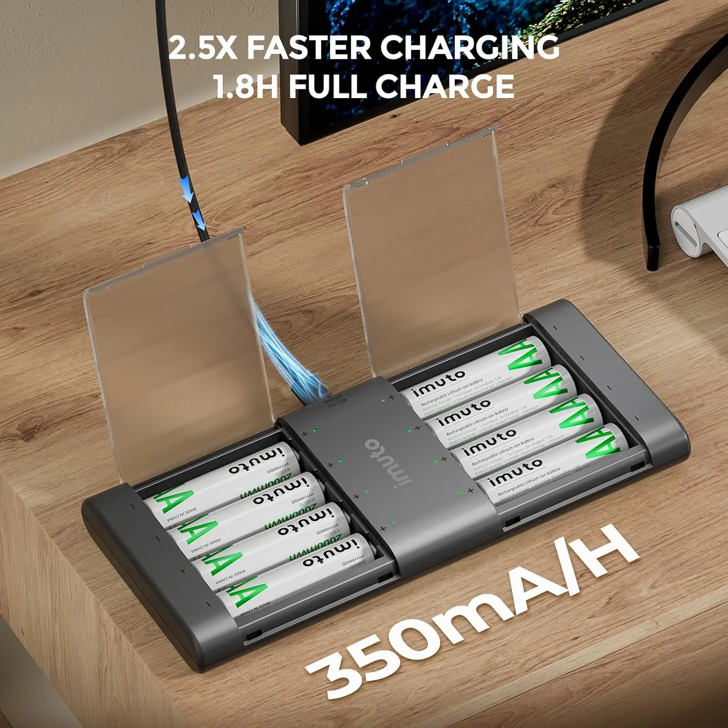 imuto Rechargeable aa Batteries with Charger, 2000mWh aa Lithium Batteries 8 Pack, 8 Slot Slim Lithium aa Battery Charger, 1.5V 2A Output, 1600  Cycle Life LiFePO4 Batteries, 1.8H Fast Charging