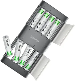 imuto Rechargeable aa Batteries with Charger, 2000mWh aa Lithium Batteries 8 Pack, 8 Slot Slim Lithium aa Battery Charger, 1.5V 2A Output, 1600  Cycle Life LiFePO4 Batteries, 1.8H Fast Charging