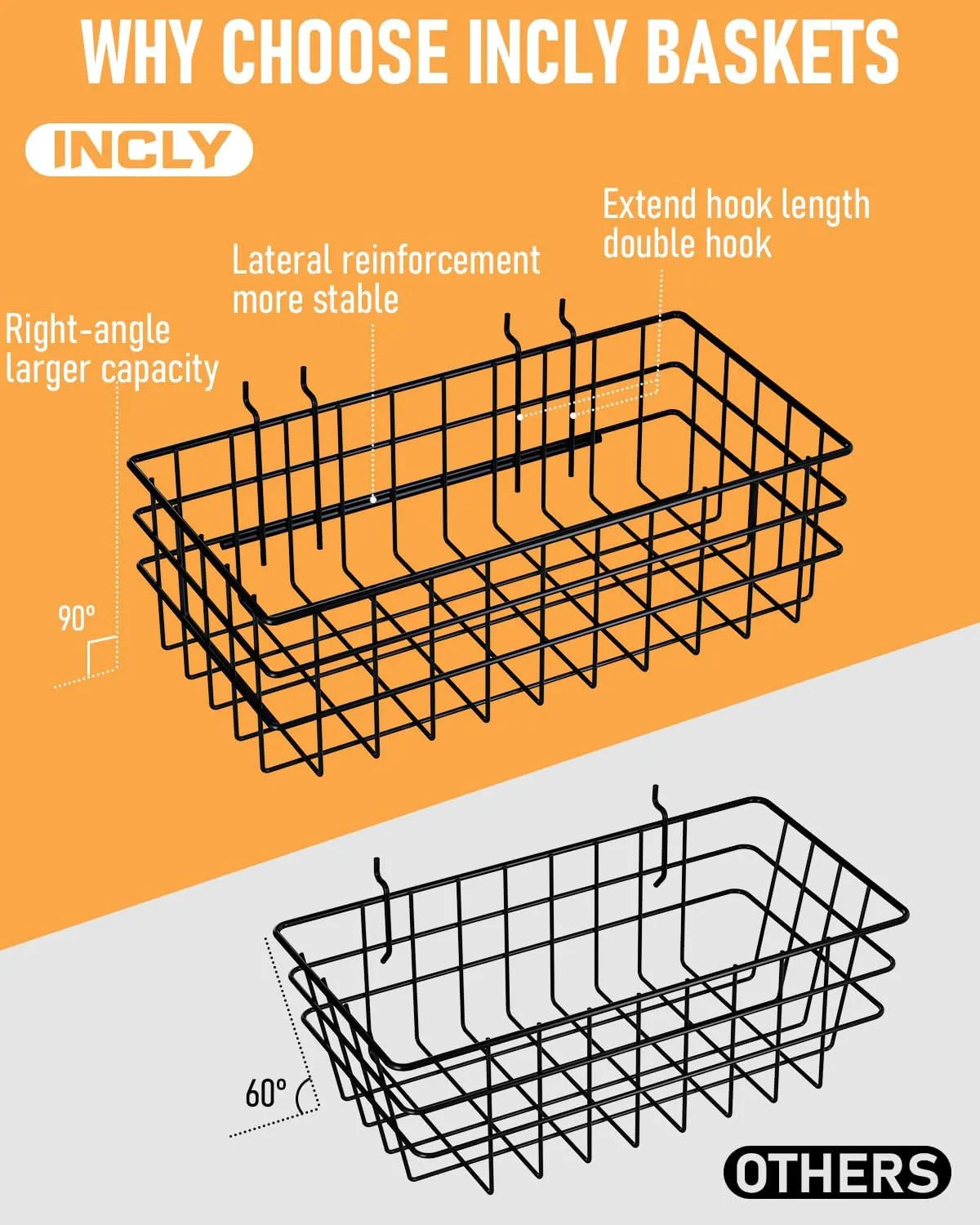 INCLY 4 Pack Pegboard Baskets Bins Set, 4 Size Square Style Black Metal Wire Basket for Any Peg Board Organizing Tools, Pegboard Accessories for Workbench Garage Wall Storage Attachments