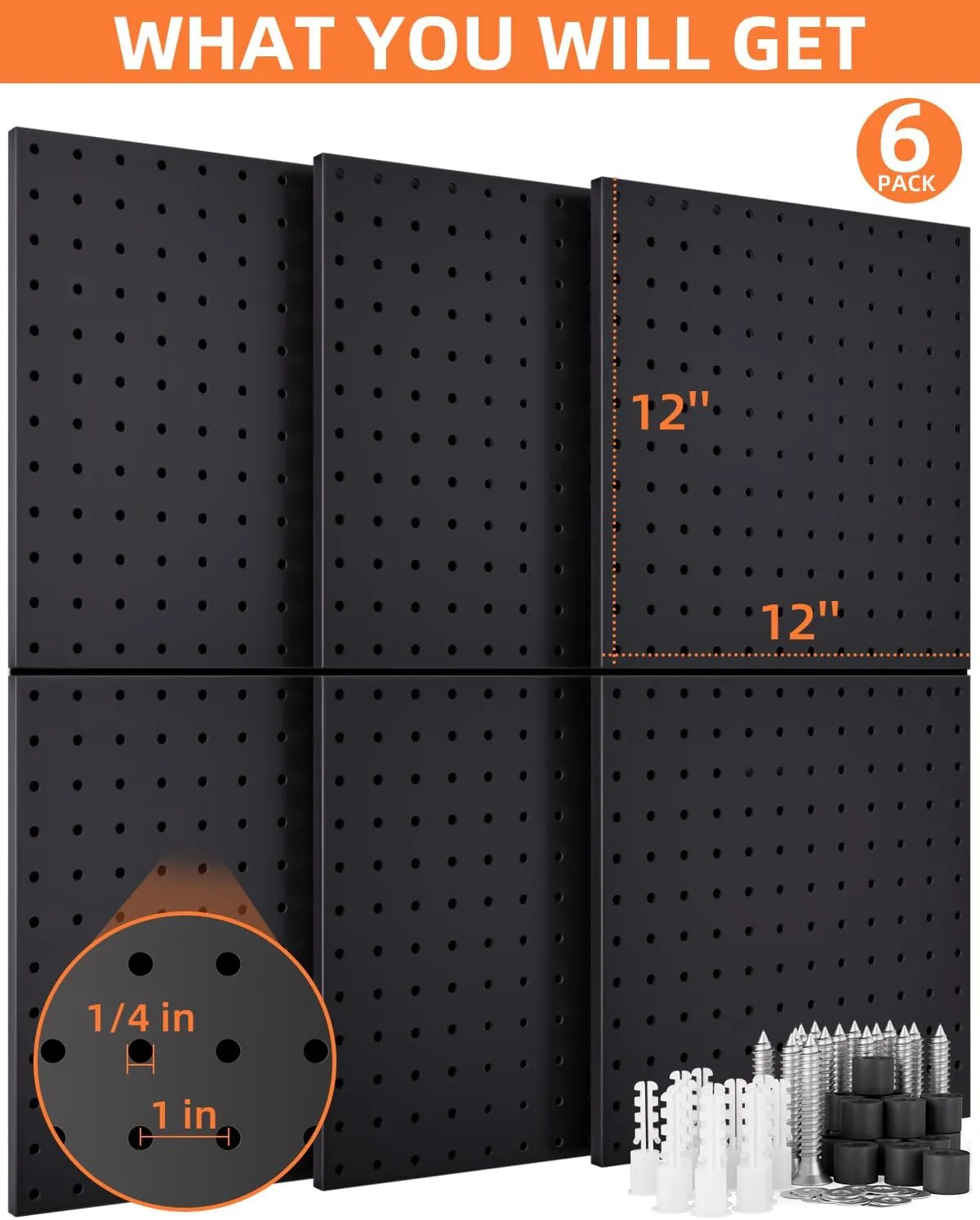 INCLY 6 Pack 12"x12" Black Metal Pegboard Panels, Heavy Duty Pegboard Wall Organizer with Frame, Black Peg Board for Walls, Garage, Workbench, Shed, Kitchen, Craft Room Tool Organization