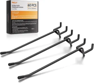 INCLY 60 Pack 6 Inch Black Pegboard Hooks, 1/4" Heavy Duty Peg Board Shelving Hooks Accessories, Peg Board Tool Hangers Only Fit 1/4" Pegboard Hanging Tools Garage, Craft Organizing, Kitchen, Store