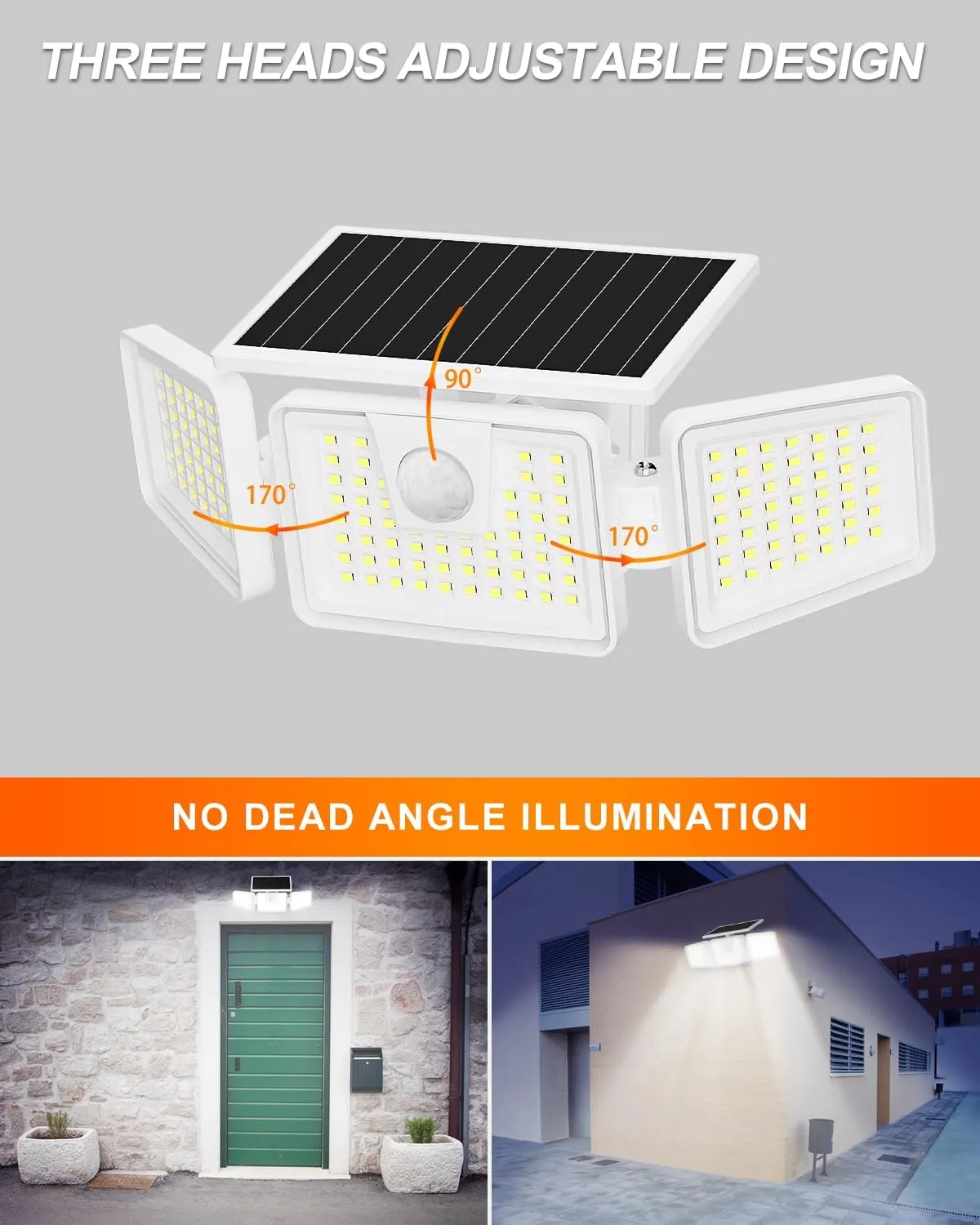 INCX 156 LED Solar Motion Lights Outdoor 2 Pack, 3 Heads Solar Security Lights with Motion Sensor IP65 Waterproof, Flood Lights for Wall, Patio, Garden, Porch, Garage White