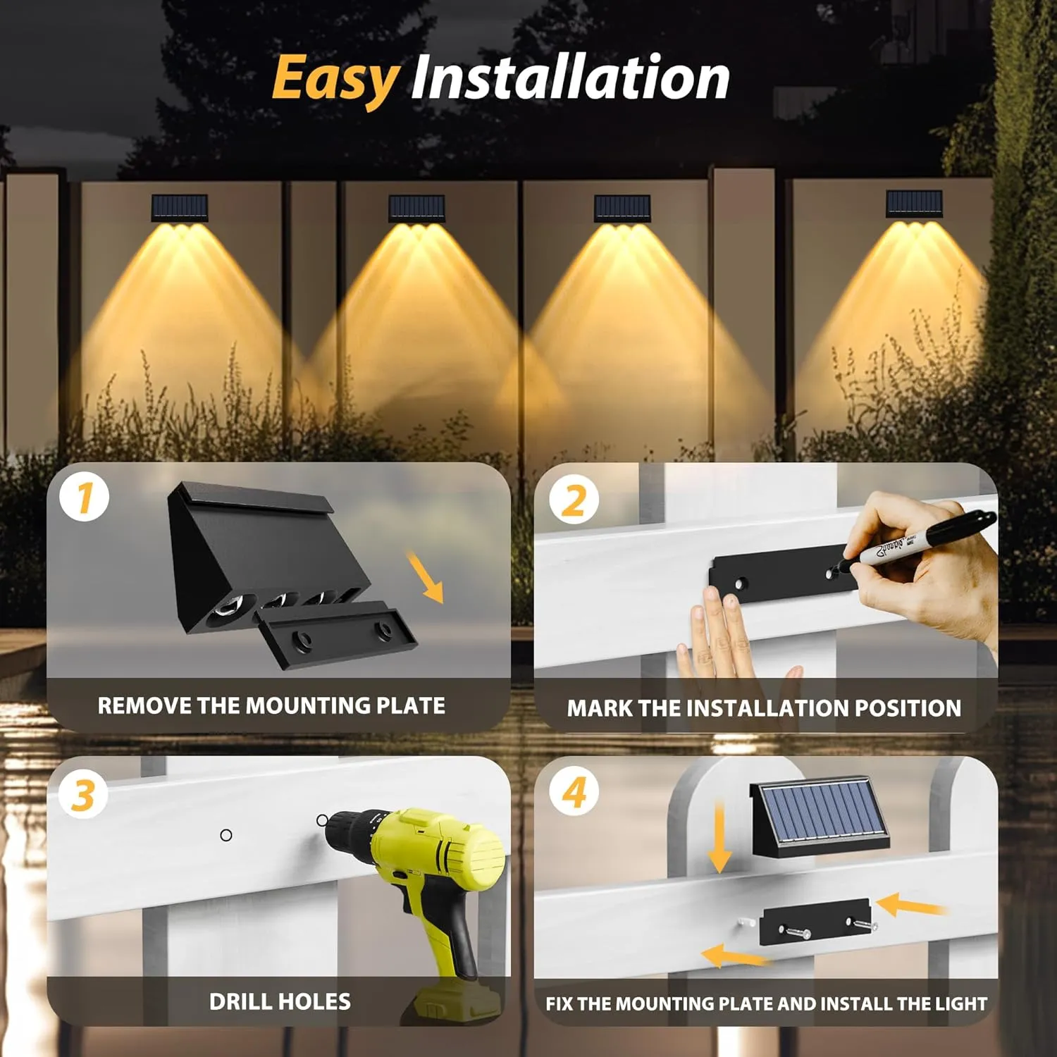 INCX Solar Fence Lights Outdoor Waterproof, 8 Pack 3 LEDs Fence Lights Solar Powered with 1500mAh Battery, Auto On/Off Outdoor Decor for Porch, Wall, Patio, Backyard, Deck(Warm White)