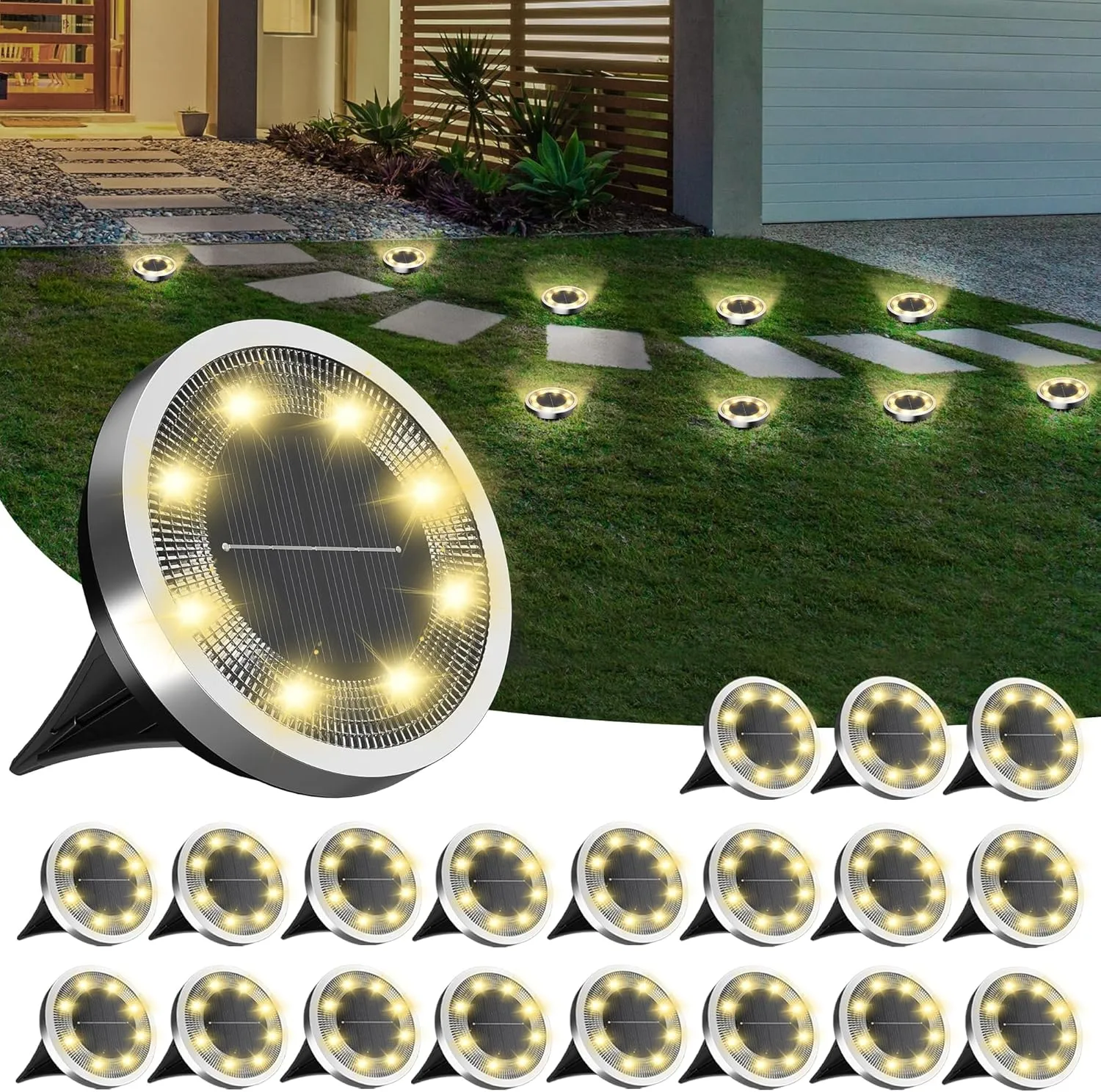 INCX Solar Ground Lights,20 Pack Solar Lights Outdoor Waterproof, Solar Garden Lights Landscape Lighting for Patio Pathway Lawn Yard Deck Driveway Walkway, Warm White