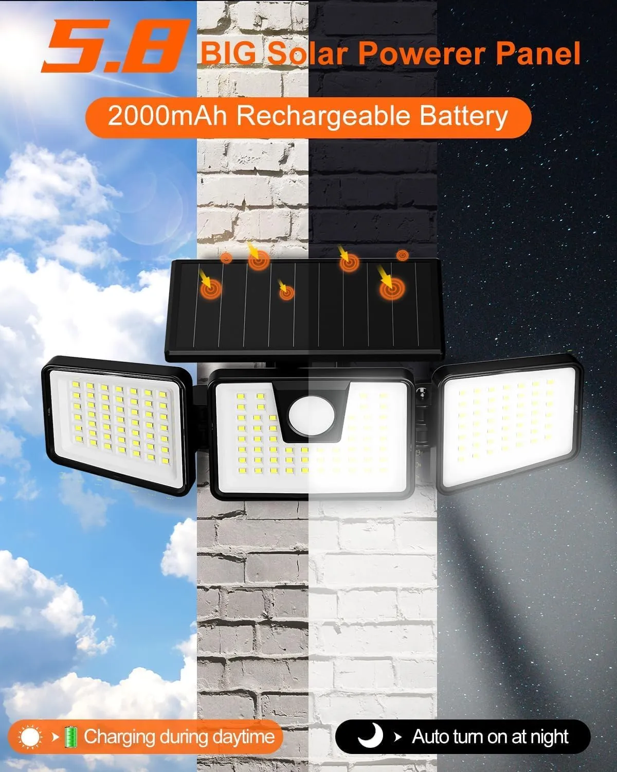 INCX Solar Lights Outdoor Waterproof, 3000 LM 156 LED Motion Sensor Outdoor Lights, 3 Heads Solar Powered Security Flood Light Motion Detected Spotlight for Patio Garage Yard Entryways, 2 Pack Black