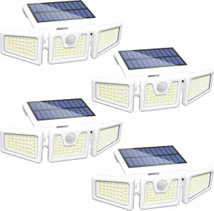 INCX Solar Lights Outdoor with Motion Sensor, 3 Heads Security Lights Solar Powered, 156 LED Flood Light Motion Detected Spotlight for Garage Yard Entryways Patio, IP65 Waterproof, White, 4 Pack