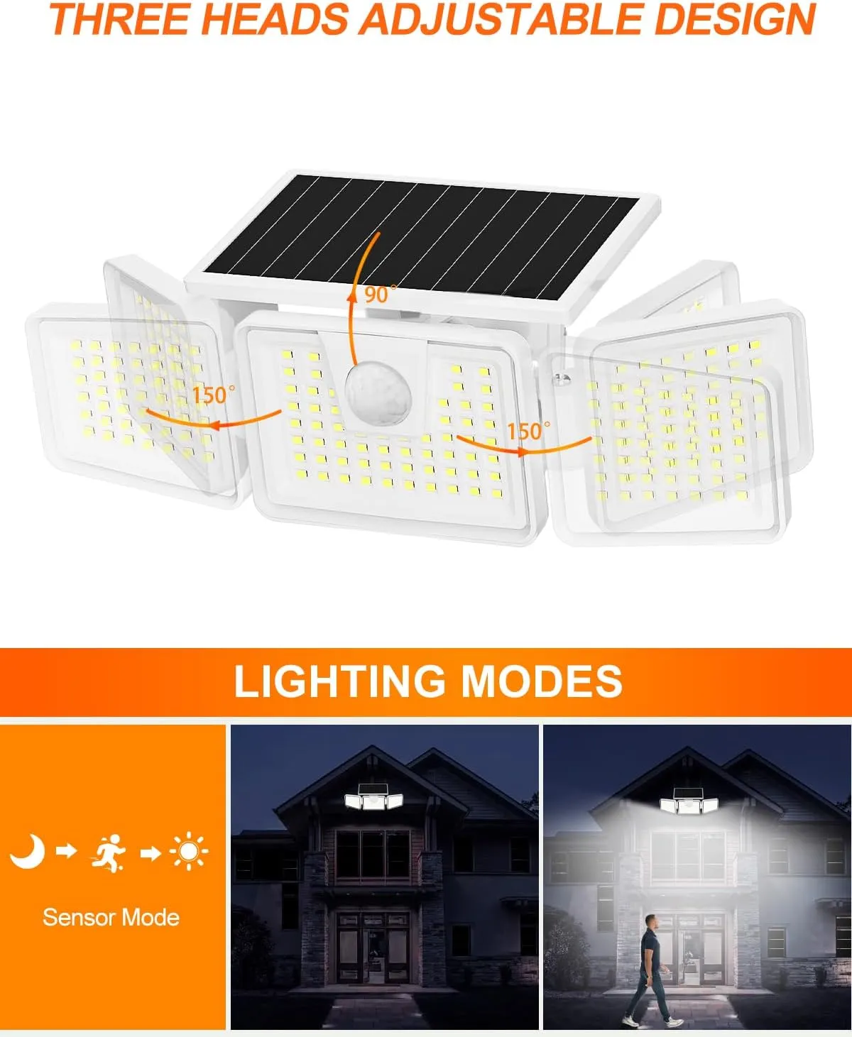 INCX Solar Lights Outdoor with Motion Sensor, 3 Heads Security Lights Solar Powered, 156 LED Flood Light Motion Detected Spotlight for Garage Yard Entryways Patio, IP65 Waterproof, White, 4 Pack