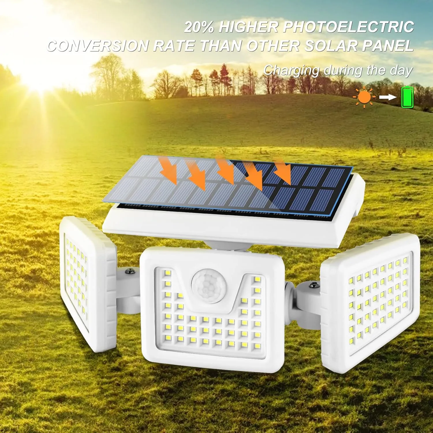 INCX Solar Lights Outdoor with Motion Sensor, 3 Heads Security Lights Solar Powered, 156 LED Flood Light Motion Detected Spotlight for Garage Yard Entryways Patio, IP65 Waterproof, White, 4 Pack