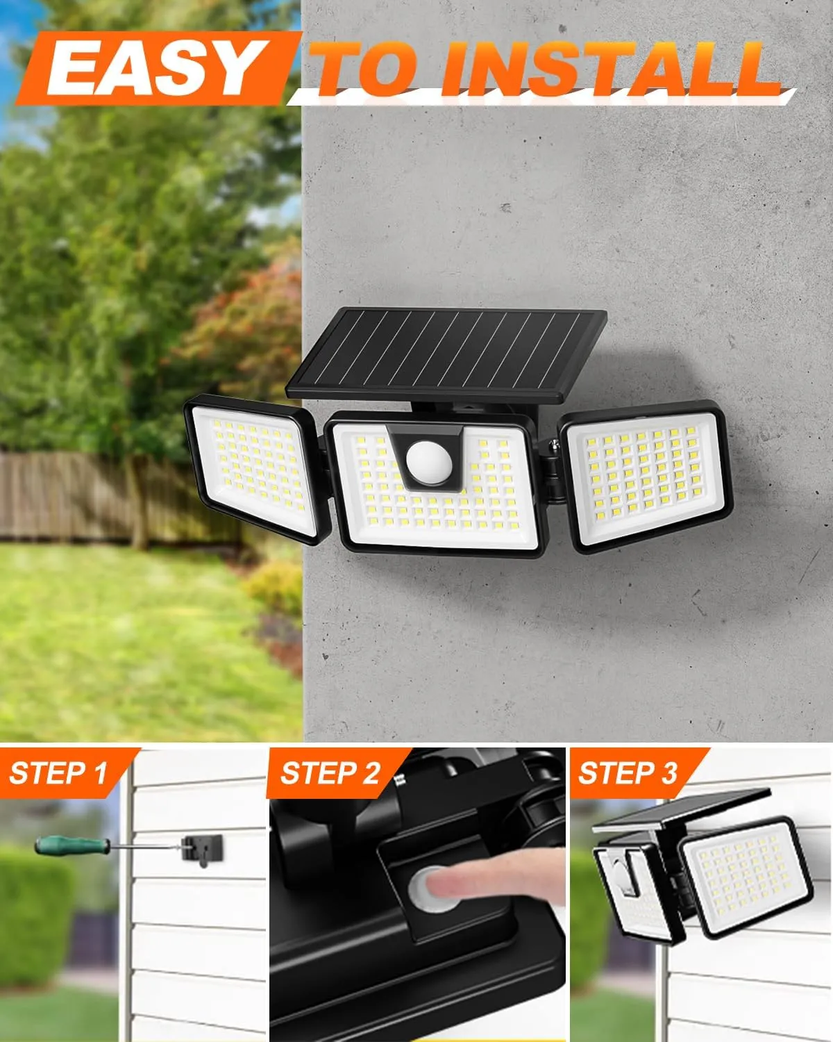 INCX Solar Motion Sensor Lights Outdoor, 3 Heads Security Lights Solar Powered, 156 LED Flood Light Motion Detected Spotlight for Patio Yard Garage Entryways, IP65 Waterproof 1 Pack