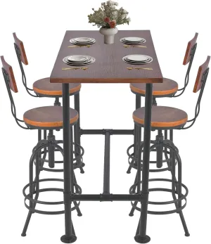 Industrial Bar Table and Stool Set, Vintage Adjustable Swivel Metal Bar Stools with Backrest, Wooden Table and Seat, Kitchen Island Counter, Pub Bar Stools (Set of 1 Table and 4 Stools, Brown)