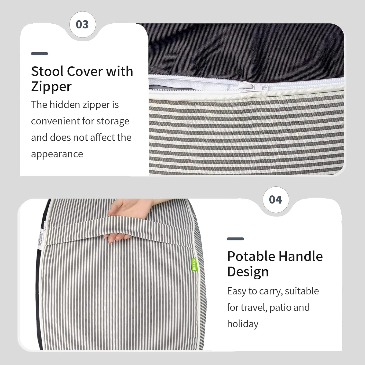 Inflatable Ottoman Stool D21 xH9 for Outdoor/Indoor Use, Water Repellent Patio Foot Rest Stool with Portable Handle,Round Pouf Ottoman Suitable for Garden,Deck and Camping - Stripe Grey