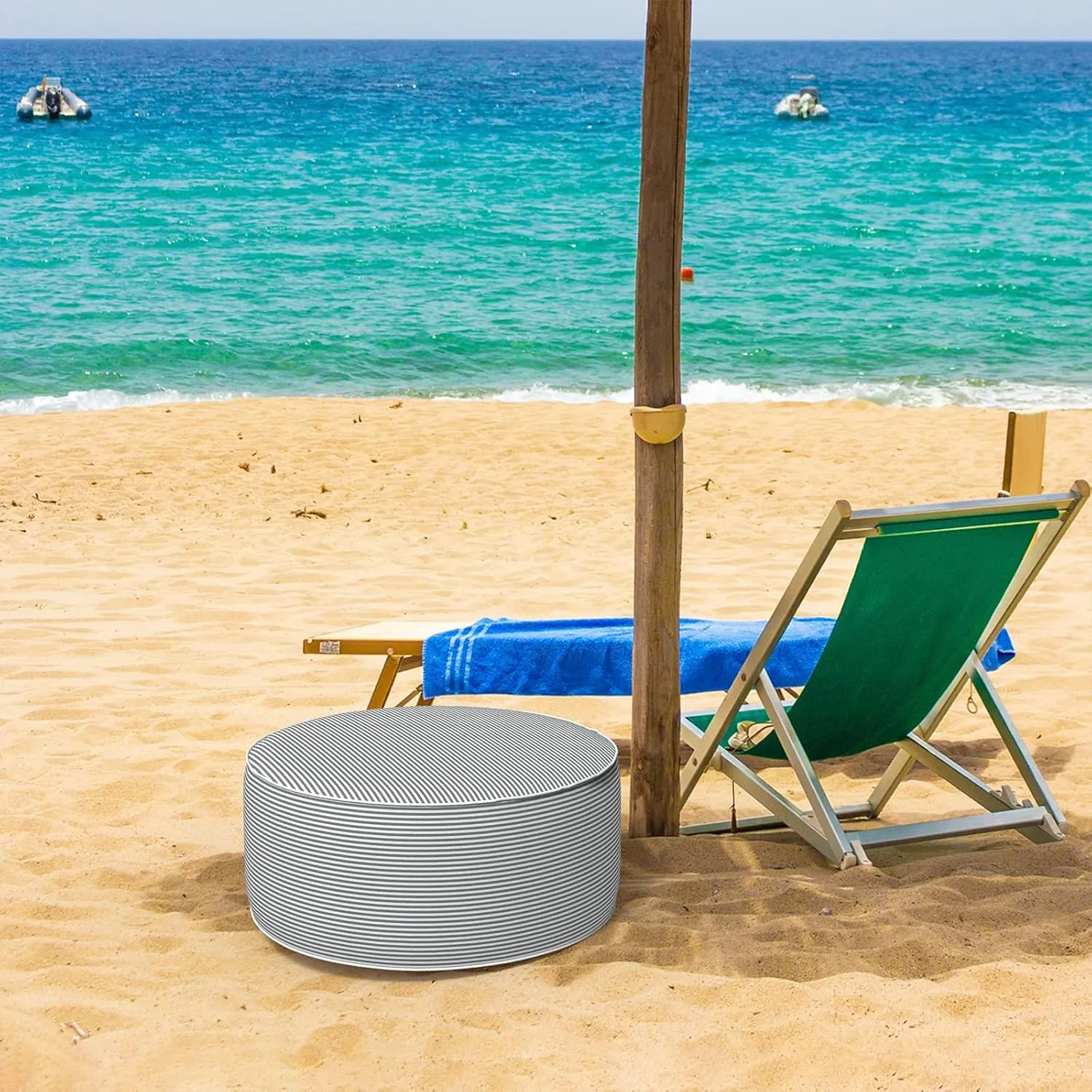 Inflatable Ottoman Stool D21 xH9 for Outdoor/Indoor Use, Water Repellent Patio Foot Rest Stool with Portable Handle,Round Pouf Ottoman Suitable for Garden,Deck and Camping - Stripe Grey