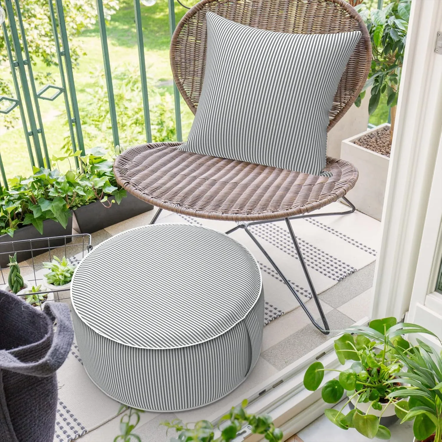 Inflatable Ottoman Stool D21 xH9 for Outdoor/Indoor Use, Water Repellent Patio Foot Rest Stool with Portable Handle,Round Pouf Ottoman Suitable for Garden,Deck and Camping - Stripe Grey