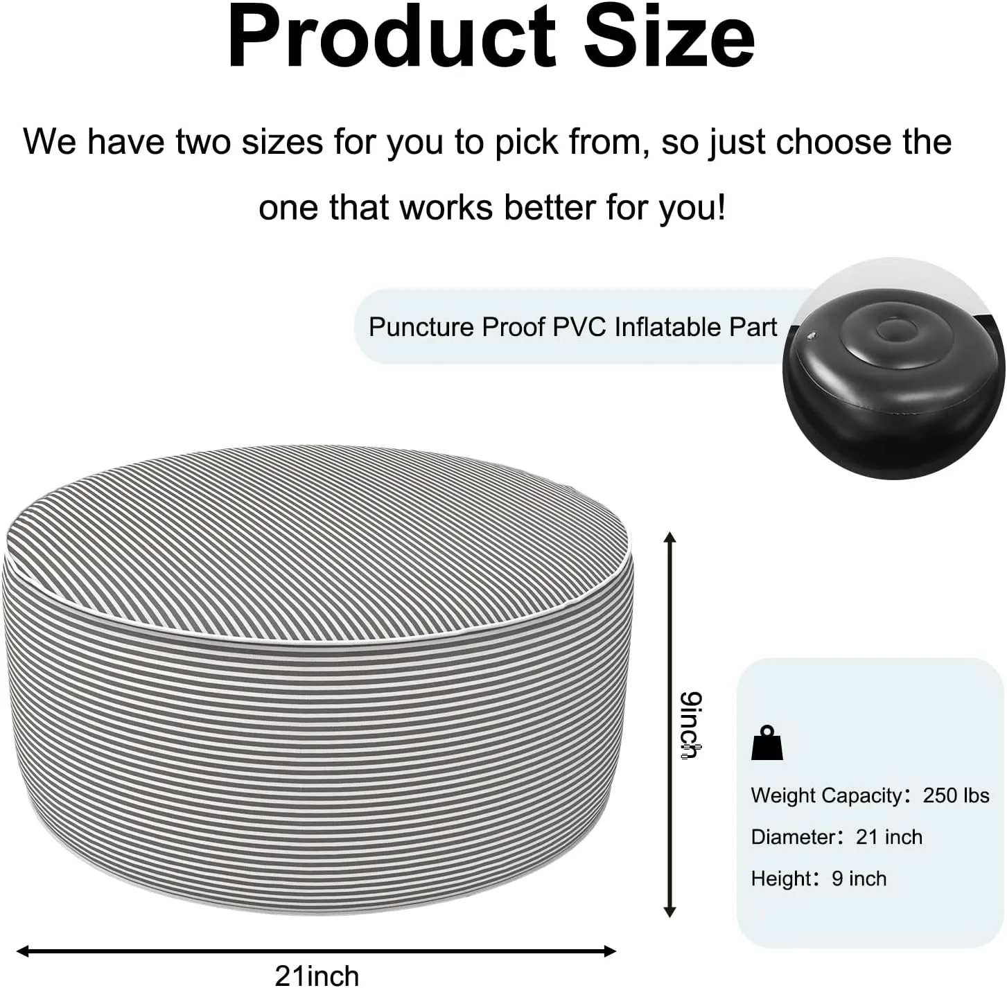 Inflatable Ottoman Stool D21 xH9 for Outdoor/Indoor Use, Water Repellent Patio Foot Rest Stool with Portable Handle,Round Pouf Ottoman Suitable for Garden,Deck and Camping - Stripe Grey
