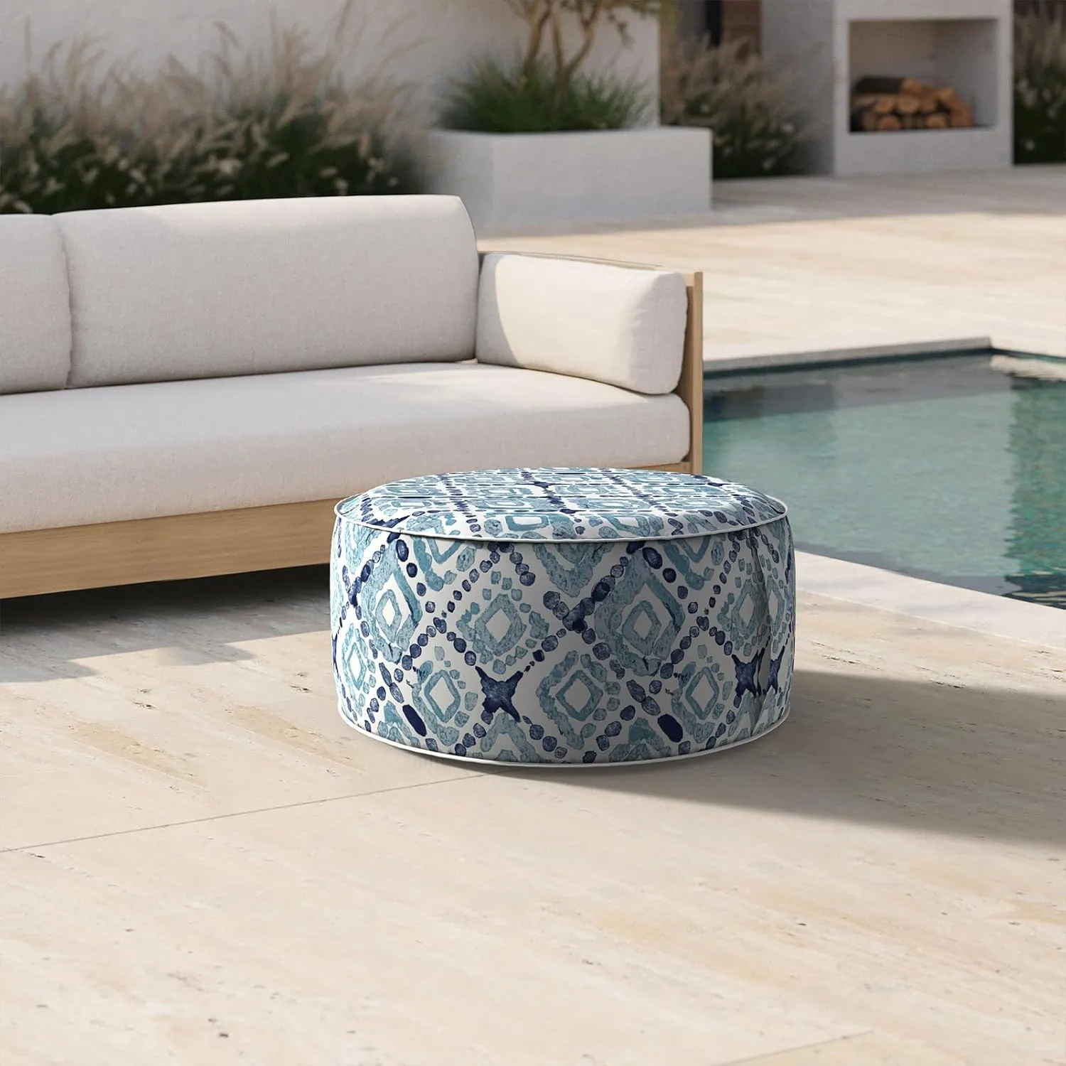 Inflatable Ottoman Stool D21 xH9 for Outdoor/Indoor Use, Water Repellent Patio Foot Rest with Portable Handle,Round Pouf Ottoman Suitable for Garden,Deck and Camping - Boho Geometry Blue