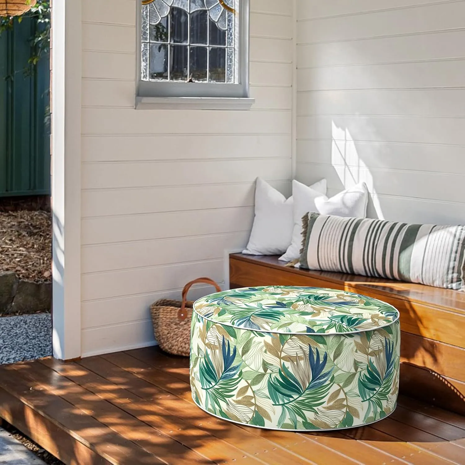 Inflatable Ottoman Stool D31 xH14 for Outdoor/Indoor Use, Water Repellent Patio Foot Rest Stool with Portable Handle,Round Pouf Ottoman Suitable for Garden,Deck and Camping - Lush Leaf Green