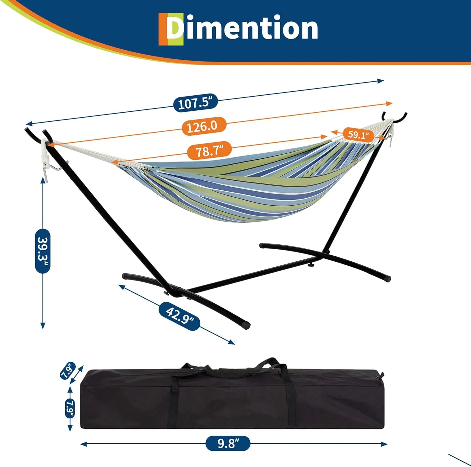 Instant-Setup 2-Person Hammock with Reinforced Steel Frame – Portable Outdoor Lounger for Garden, Camping & Beach (450lb Capacity   Quick-Fold Carry Bag),Blue-Green Stripes