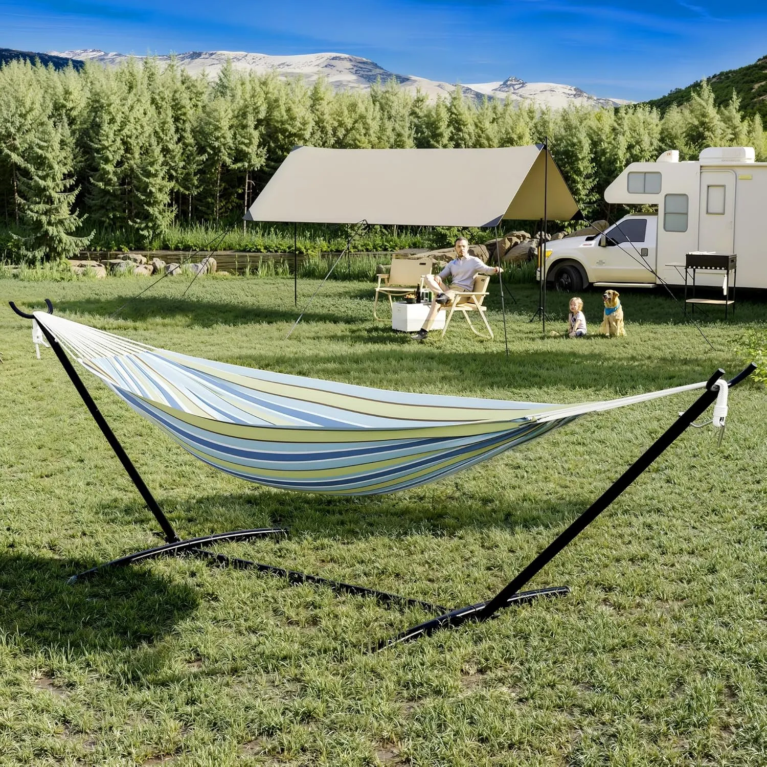 Instant-Setup 2-Person Hammock with Reinforced Steel Frame – Portable Outdoor Lounger for Garden, Camping & Beach (450lb Capacity   Quick-Fold Carry Bag),Blue-Green Stripes