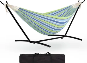 Instant-Setup 2-Person Hammock with Reinforced Steel Frame – Portable Outdoor Lounger for Garden, Camping & Beach (450lb Capacity   Quick-Fold Carry Bag),Blue-Green Stripes