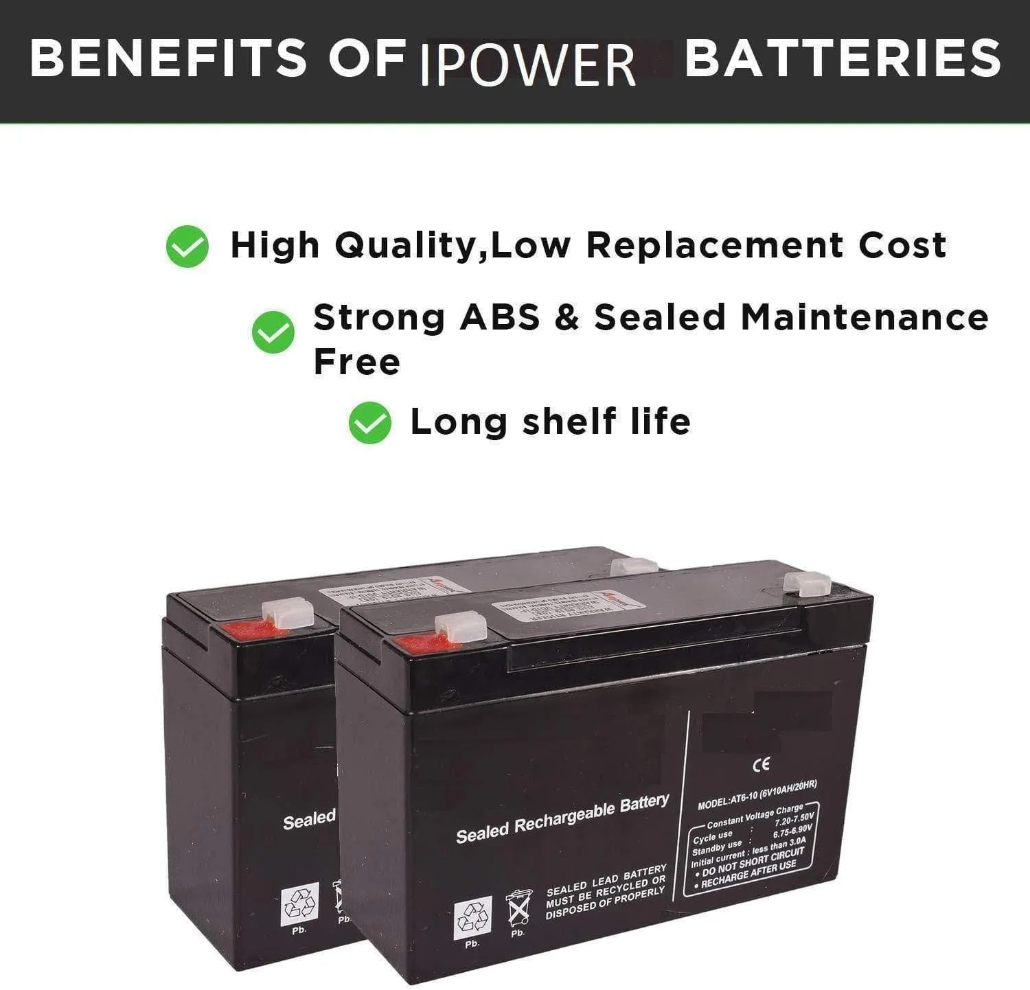 iPower 6V 10AH Rechargeable VRLA Battery for Toys & Scientific Projects