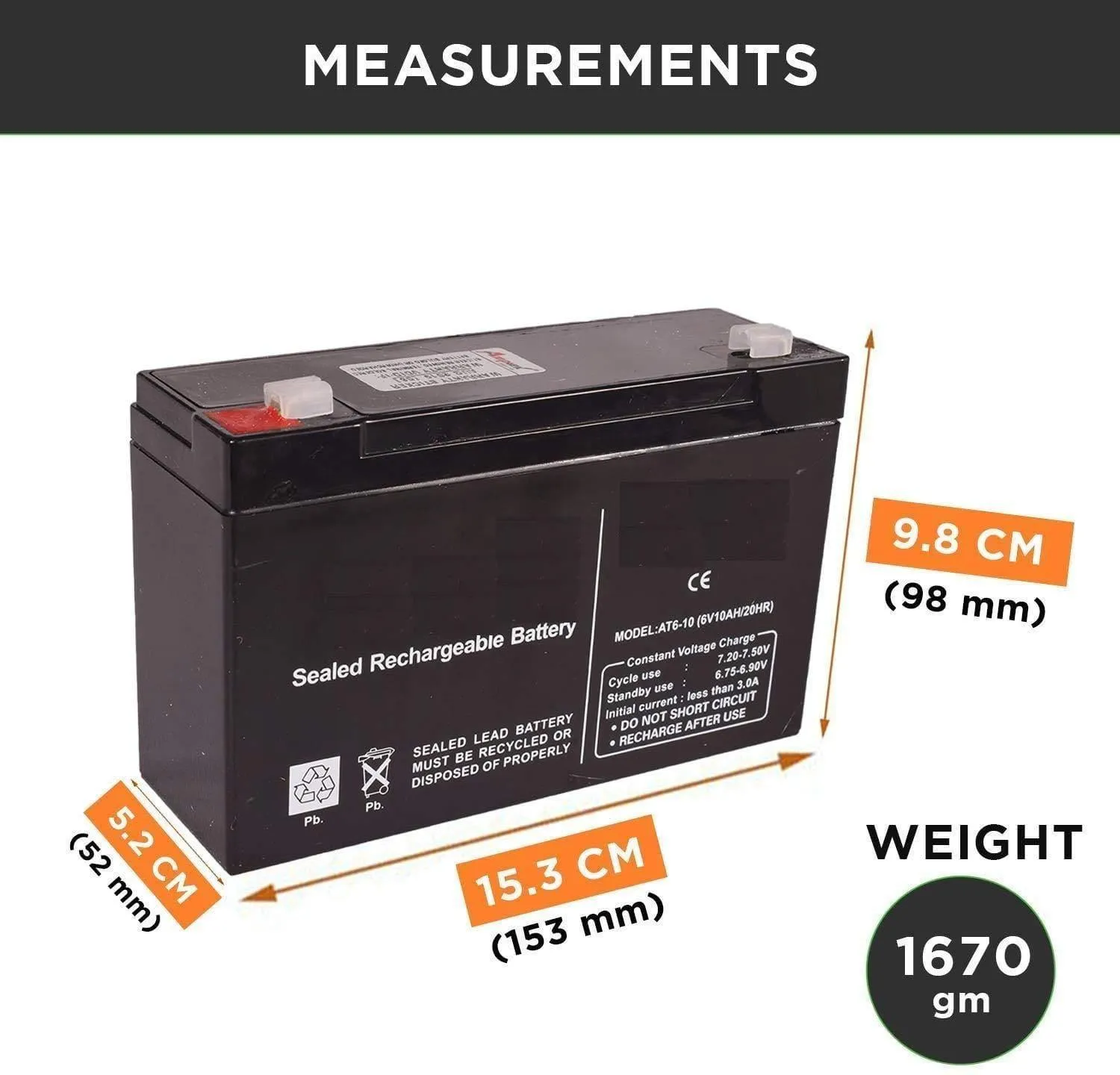 iPower 6V 10AH Rechargeable VRLA Battery for Toys & Scientific Projects