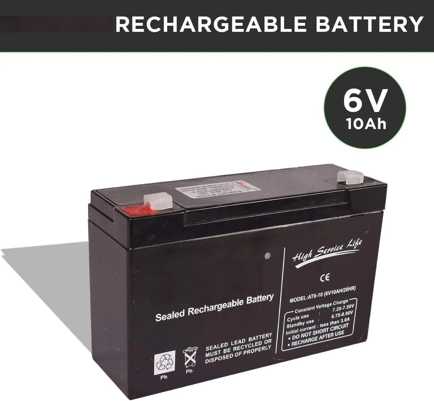 iPower 6V 10AH Rechargeable VRLA Battery for Toys & Scientific Projects