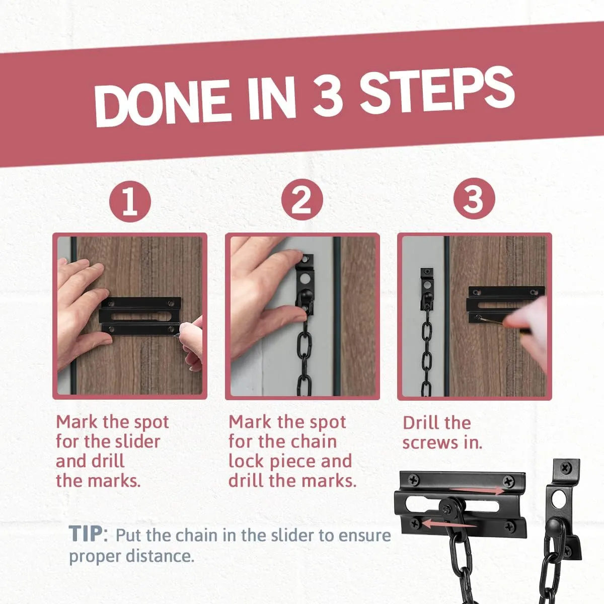 Jack N’ Drill Chain Door Guard with Lock - 2 Pack Chain Lock Door Guard, Sturdy & Rust-Resistant Steel Chain Locks for Inside Door and Extra Front Door Lock, 100% Child Safe (Black)
