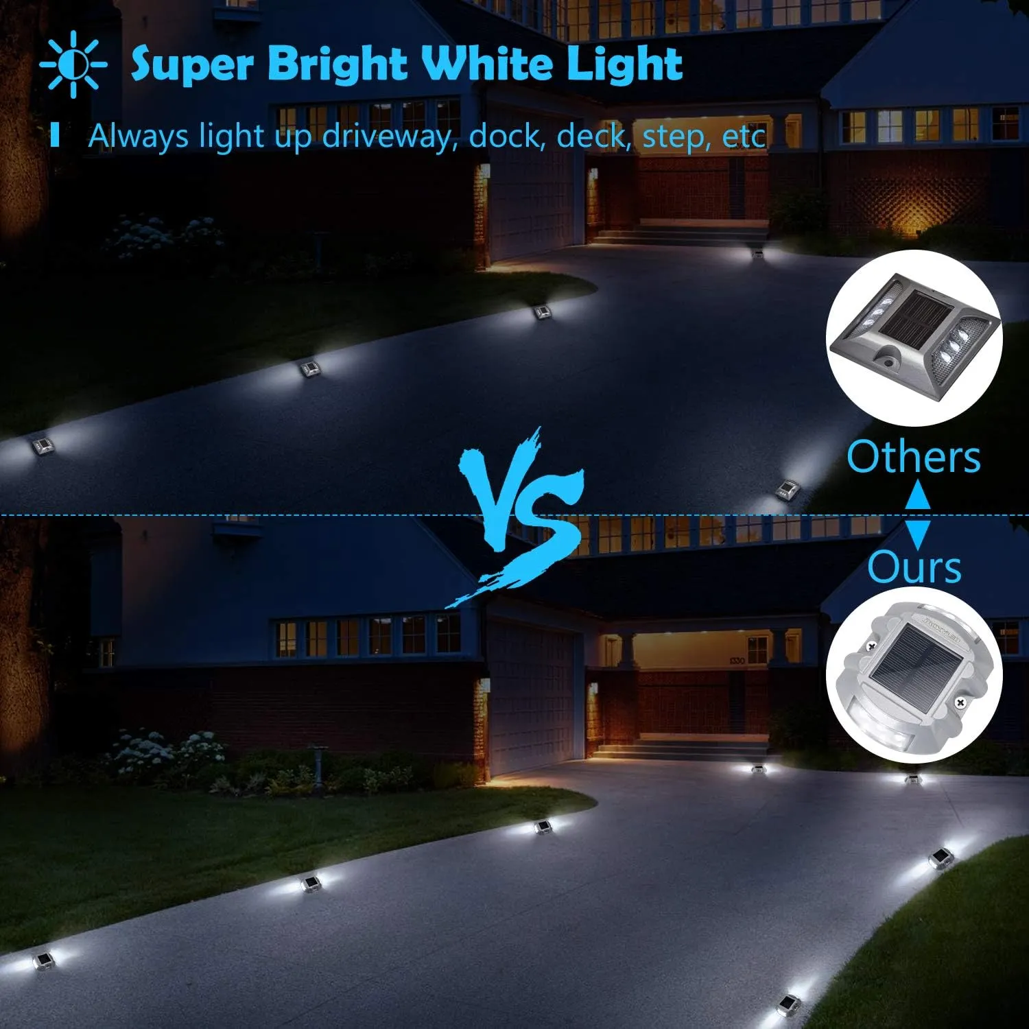 JACKYLED Upgraded Solar Driveway Marker Lights with Switch 6-Pack Solar Powered Dock Lights Outdoor Waterproof LED Deck Lighting Warning Road Studs for Boat Dock Pathway Runway, Bright White