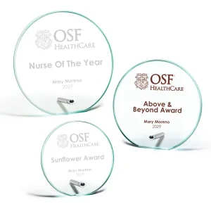 Jade Glass Circle Award with Peg Stand - 6" x 6" x 3/8"