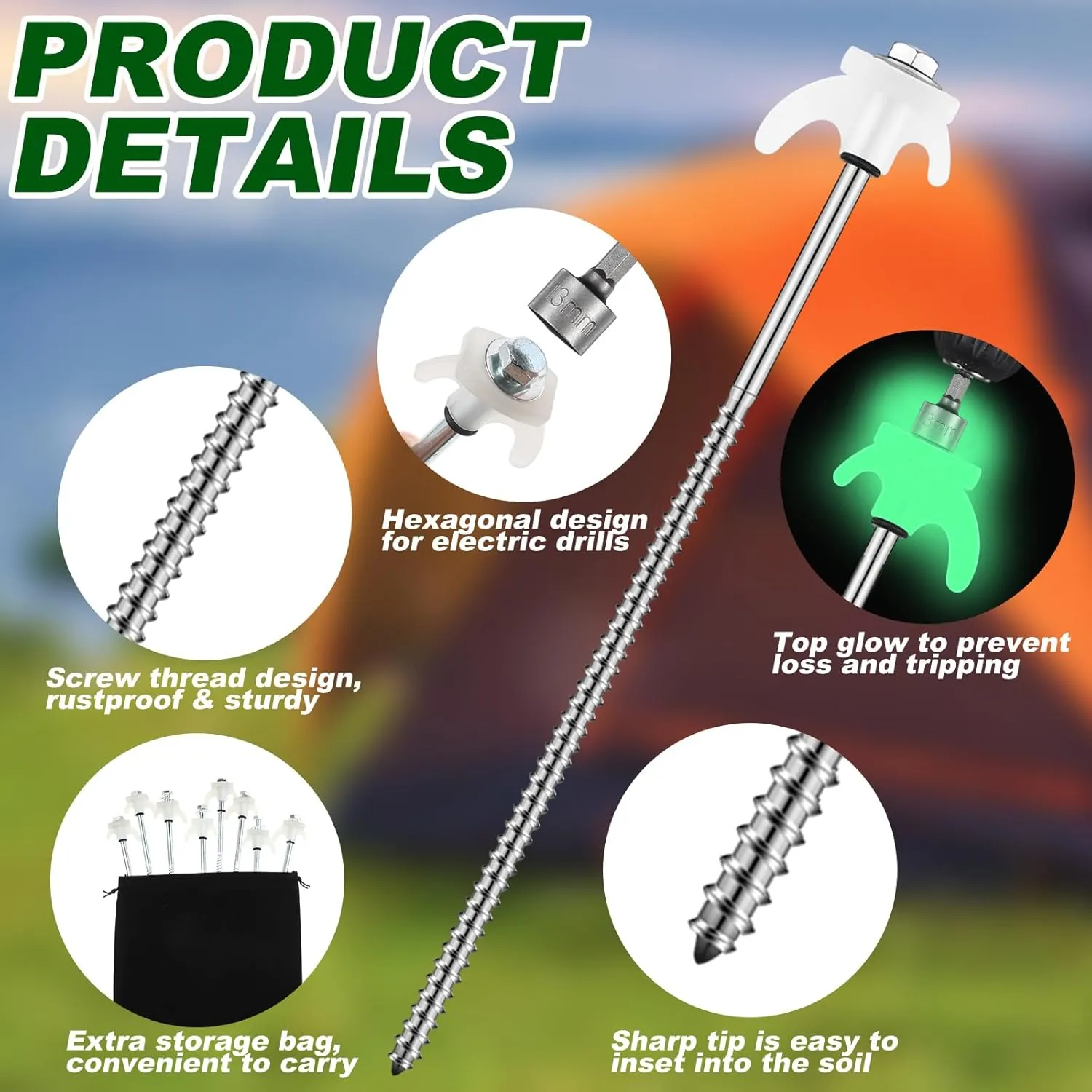 JaGely 12 Inch Tent Stakes Screw in Camping Stake Heavy Duty Metal Spikes Ground Anchor Peg Threaded Tent Spikes with Hex Head Driver for Camping Garden Inflatable Outdoor Decor