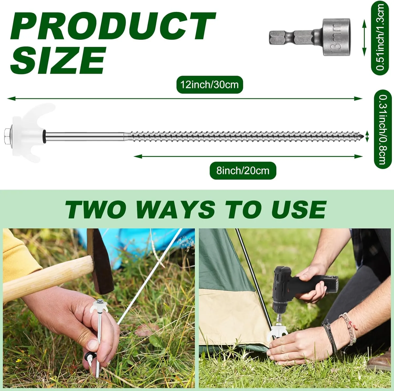JaGely 12 Inch Tent Stakes Screw in Camping Stake Heavy Duty Metal Spikes Ground Anchor Peg Threaded Tent Spikes with Hex Head Driver for Camping Garden Inflatable Outdoor Decor