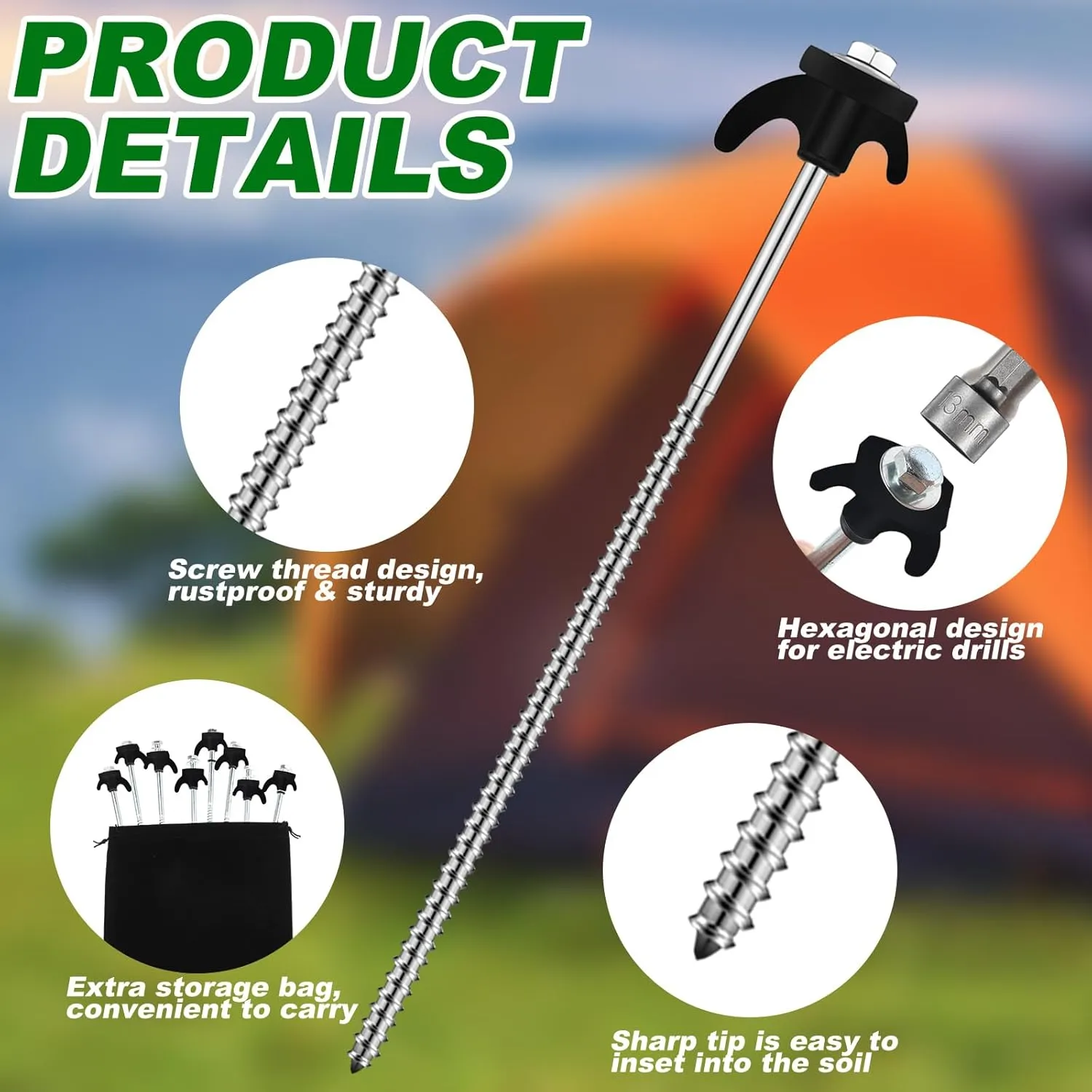 JaGely 20 Pcs 12 Inch Tent Stakes Screw in Camping Stake Heavy Duty Metal Spikes Ground Anchor Peg Threaded Tent Spikes with Hex Head Driver for Camping Garden Inflatable Outdoor Decor (Black)