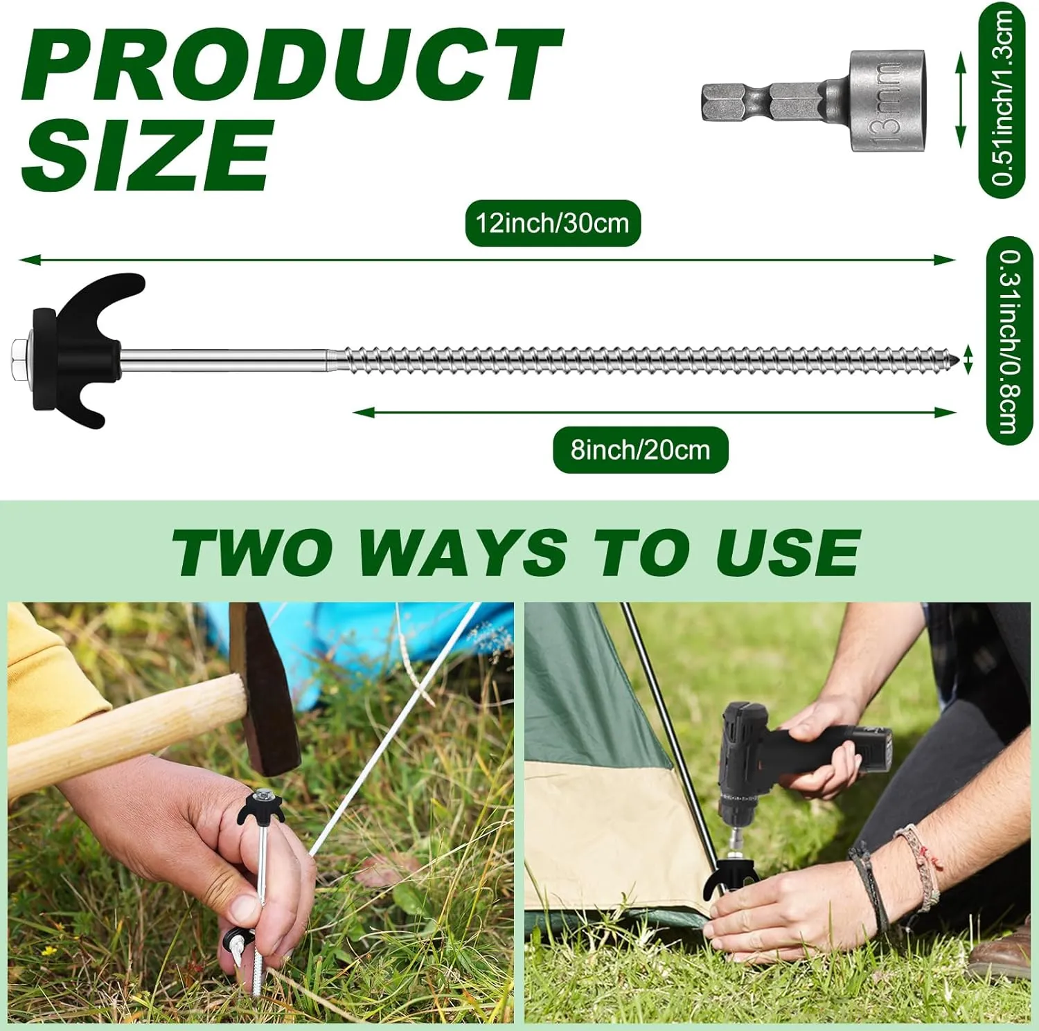 JaGely 20 Pcs 12 Inch Tent Stakes Screw in Camping Stake Heavy Duty Metal Spikes Ground Anchor Peg Threaded Tent Spikes with Hex Head Driver for Camping Garden Inflatable Outdoor Decor (Black)