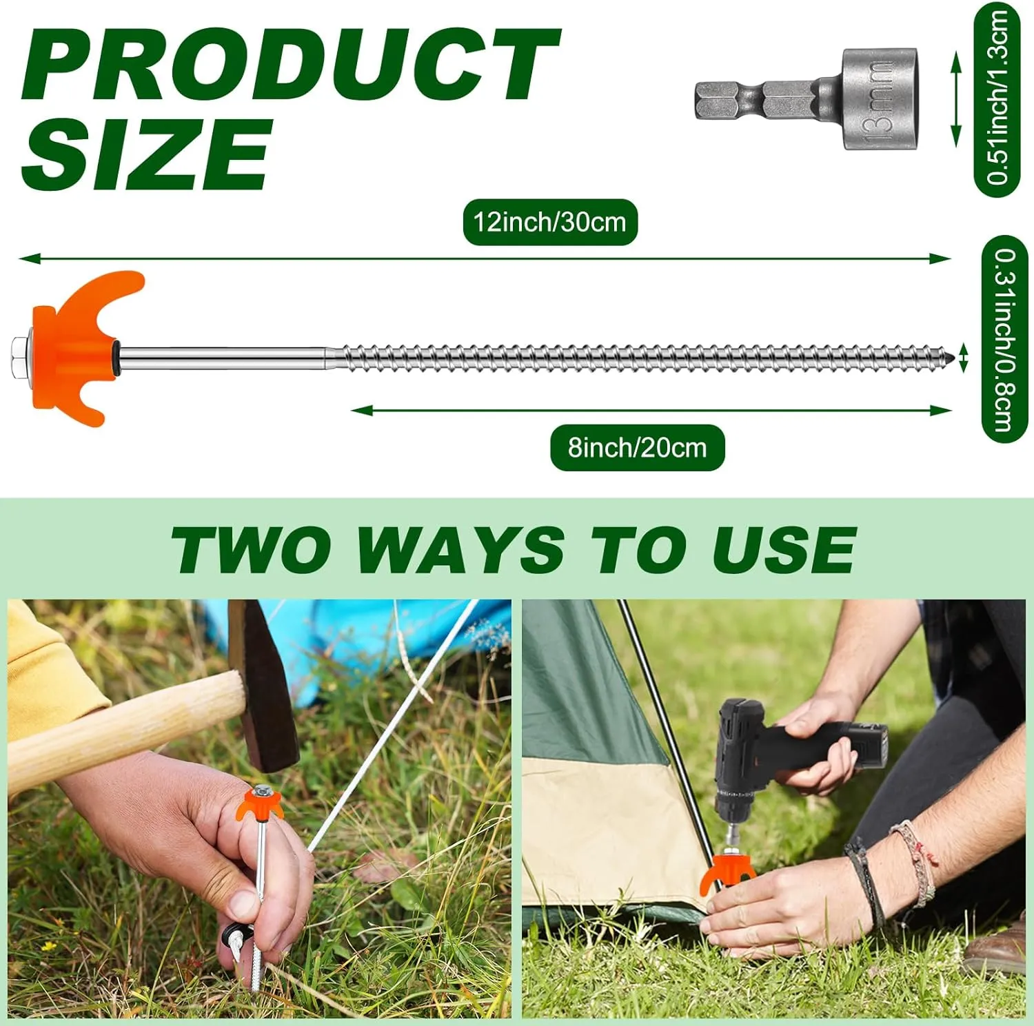 JaGely 20 Pcs 12 Inch Tent Stakes Screw in Camping Stake Heavy Duty Metal Spikes Ground Anchor Peg Threaded Tent Spikes with Hex Head Driver for Camping Garden Inflatable Outdoor Decor (Orange)