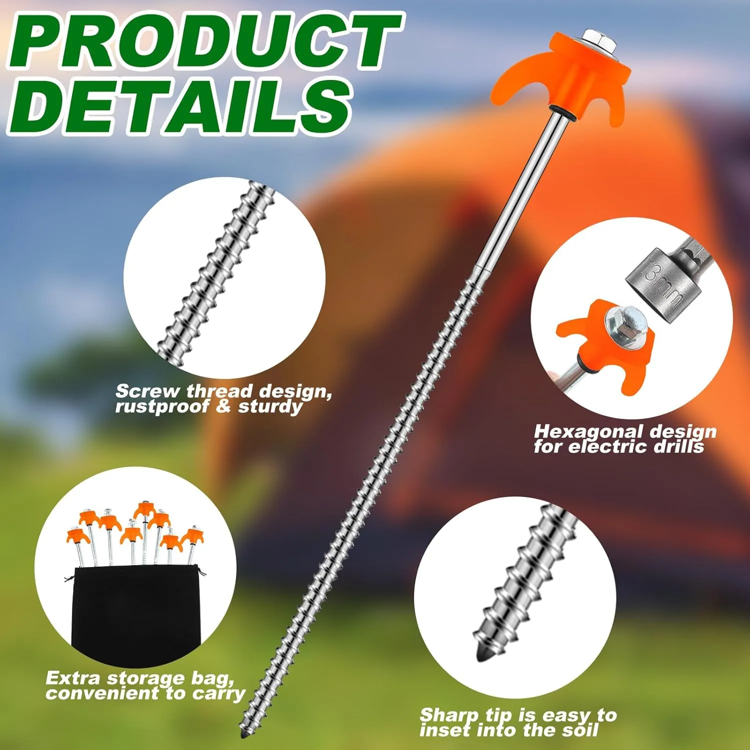 JaGely 20 Pcs 12 Inch Tent Stakes Screw in Camping Stake Heavy Duty Metal Spikes Ground Anchor Peg Threaded Tent Spikes with Hex Head Driver for Camping Garden Inflatable Outdoor Decor (Orange)