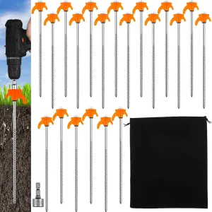 JaGely 20 Pcs 12 Inch Tent Stakes Screw in Camping Stake Heavy Duty Metal Spikes Ground Anchor Peg Threaded Tent Spikes with Hex Head Driver for Camping Garden Inflatable Outdoor Decor (Orange)