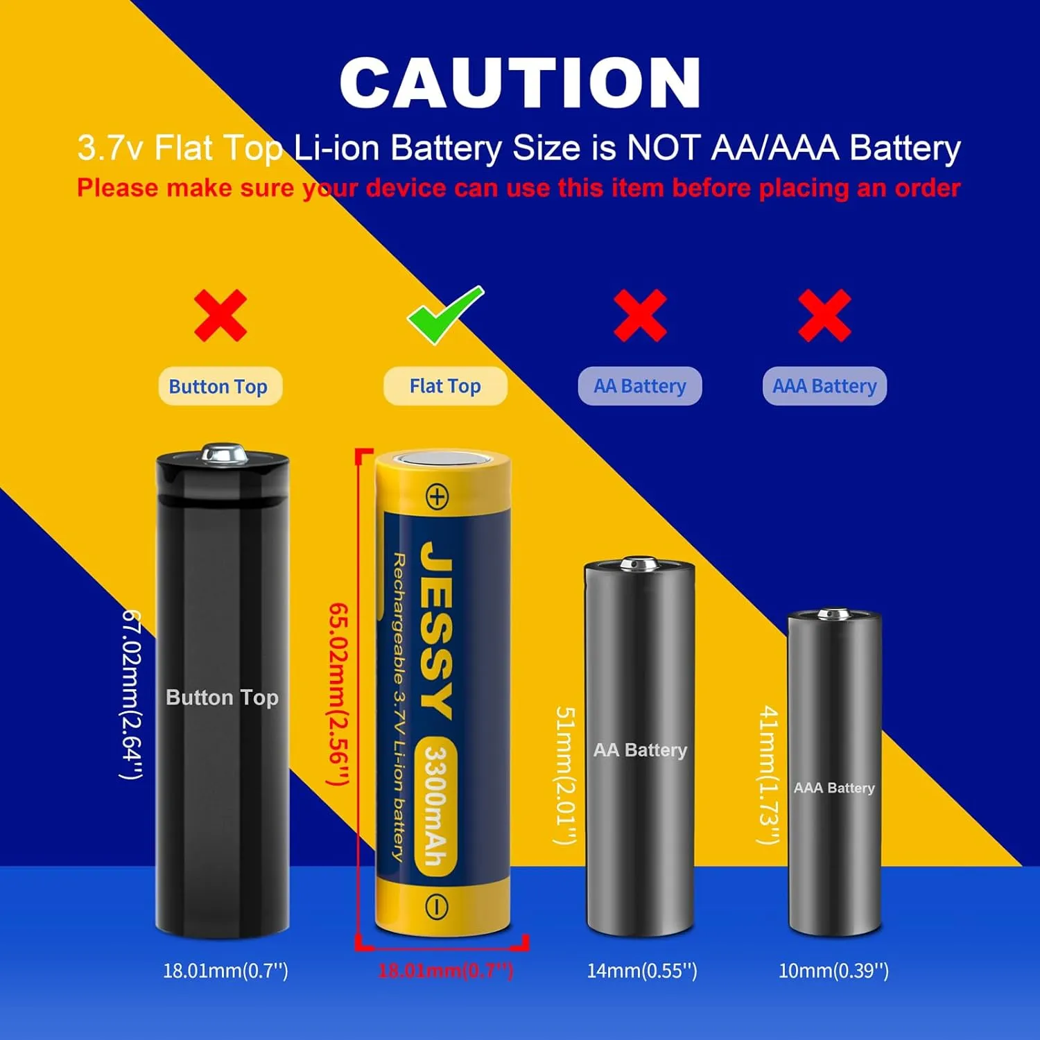 JESSY 18650 Rechargeable Battery Flat Top，3.7V Lithium Batteries 3300mAh High Capacity for LED Flashlights, Headlights,Small Fans, Toys (2 Pack)