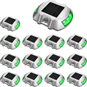 JIGUOOR Solar Deck Lights LED Driveway Lights Solar Powered Dock Light Outdoor IP68 Waterproof Road Markers for Step Sidewalk Stair Boat Garden Ground Pathway Yard (Green, 14 Pack)