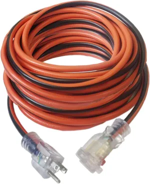 K Tool International XD73348 110 Volt 50' Electrical Power Cord, 12-3 Triple Tap, LED Indicator Light Ends, Abrasion/Weather Resistant, Flame Retardant, Slide Lock, Vinyl Covering, Orang/Black
