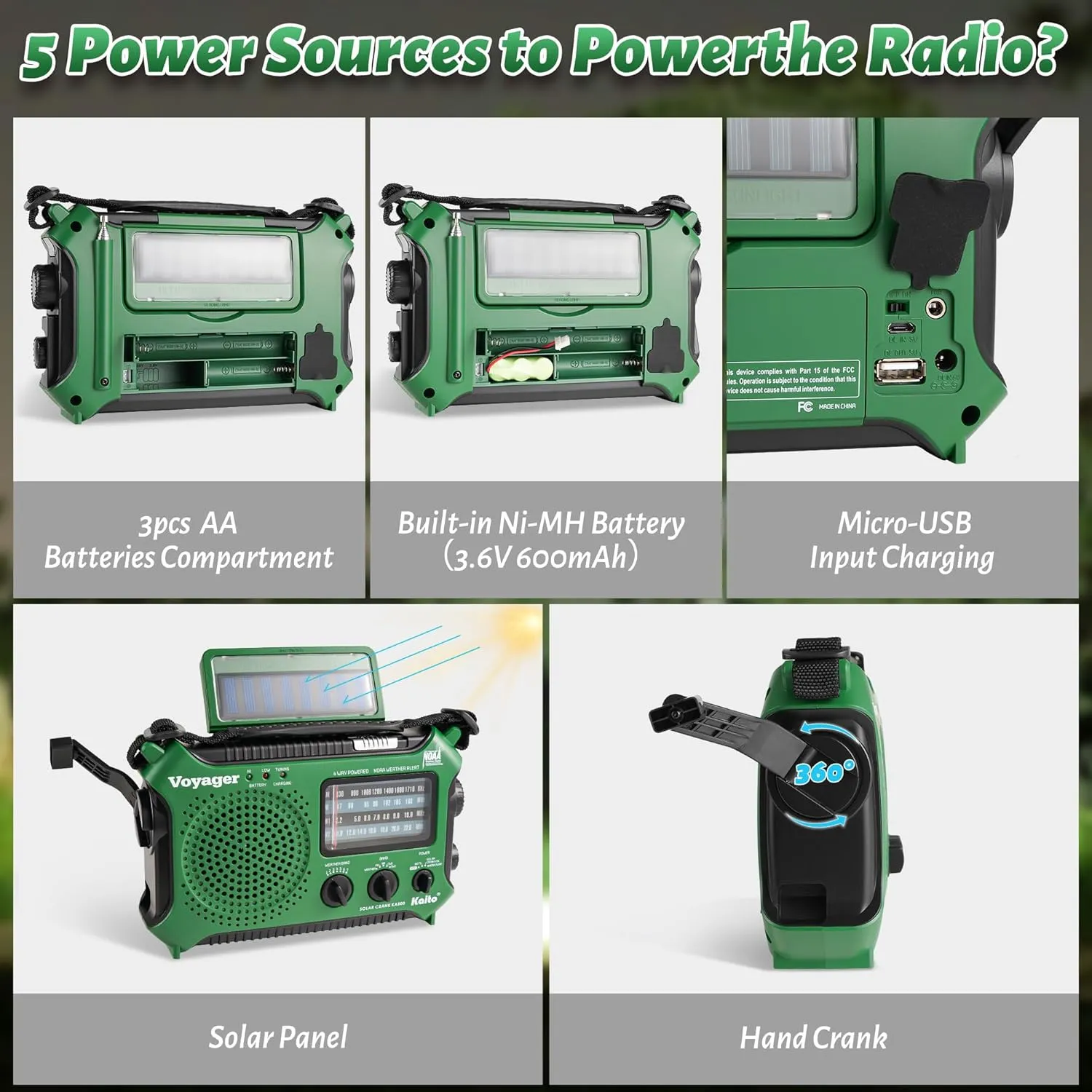 Kaito KA500GRN 5-Way Powered Emergency AM/FM/SW Weather Alert Radio, Green