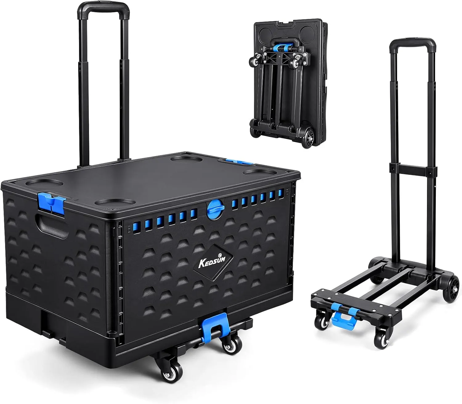 KEDSUM Collapsible Rolling Carts with Wheels, Foldable Utility Cart with Telescopic Handle & Durable Wheels, 290 LBS/70L Shopping Cart for Groceries, Compact Rolling Crate for Teacher,Office,Shopping