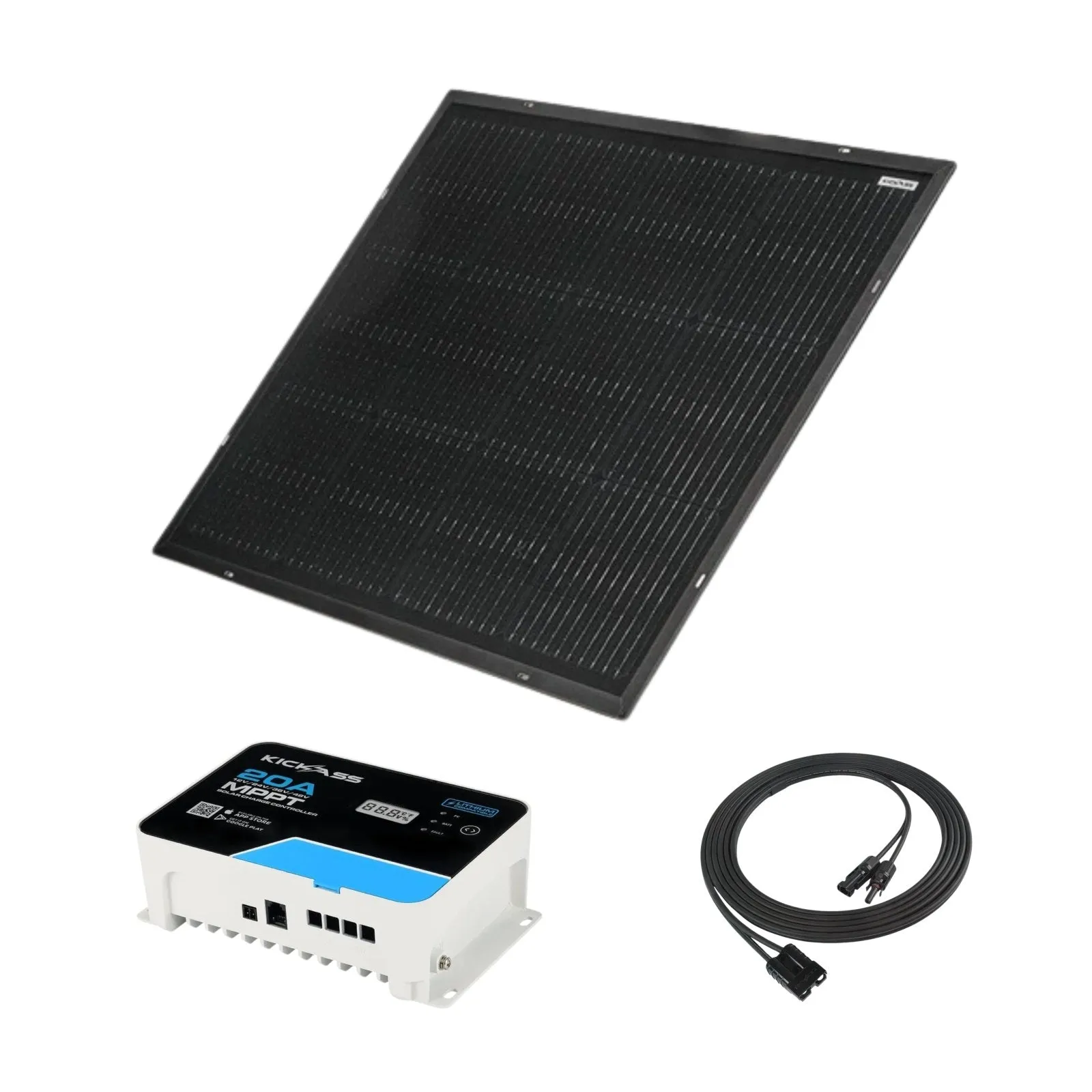 KickAss 80W Ultra Slim Fixed Glass Solar Panel   20A MPPT Solar Charge Controller Bundle