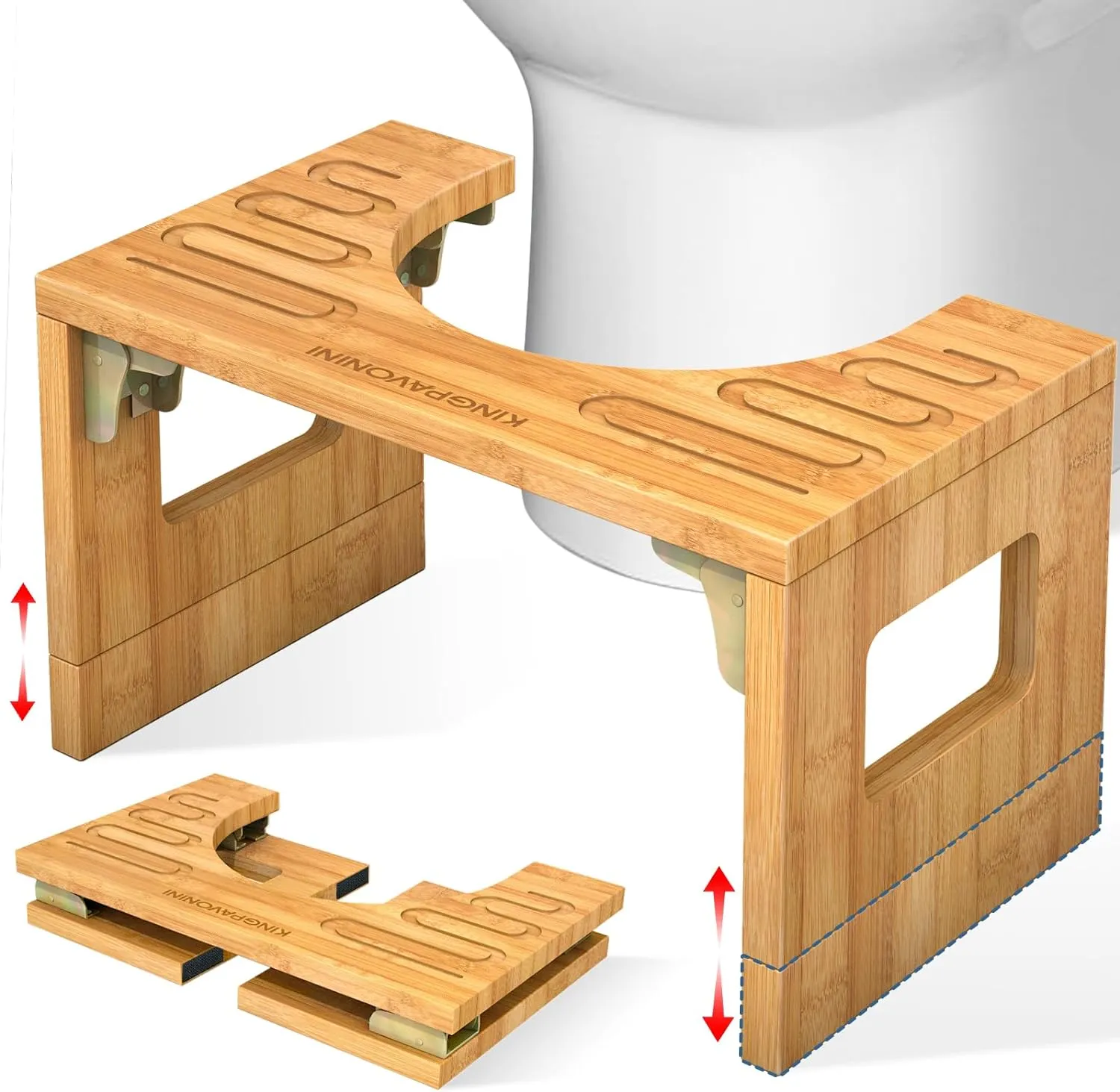KingPavonini Bamboo Toilet Stool Squat 7in & 9in Adjustable Heights, Foldable Potty Stool for Adults with Non-Slip Layer to Improve Bathroom Posture and Comfort, 400 lbs Capacity