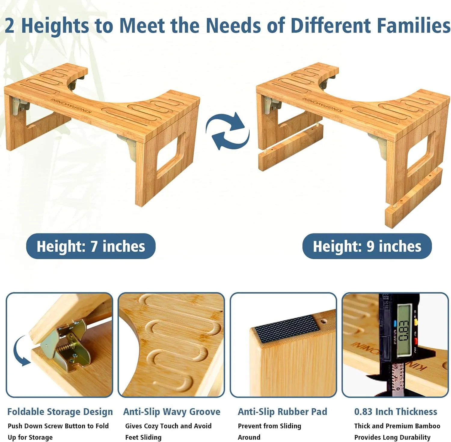 KingPavonini Bamboo Toilet Stool Squat 7in & 9in Adjustable Heights, Foldable Potty Stool for Adults with Non-Slip Layer to Improve Bathroom Posture and Comfort, 400 lbs Capacity