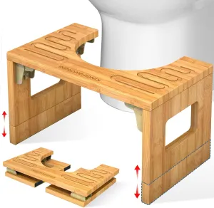 KingPavonini Bamboo Toilet Stool Squat 7in & 9in Adjustable Heights, Foldable Potty Stool for Adults with Non-Slip Layer to Improve Bathroom Posture and Comfort, 400 lbs Capacity