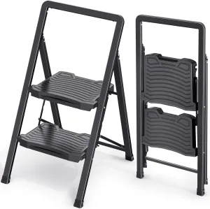 KINGRACK 2 Step Ladder, Folding Step Stool with Wide Anti-Slip Pedal and Handrails, Portable Lightwight Household Ladder, 800LBS Sturdy Steel Ladder, for Your Kitchen, Pantry, Closets, Office Use