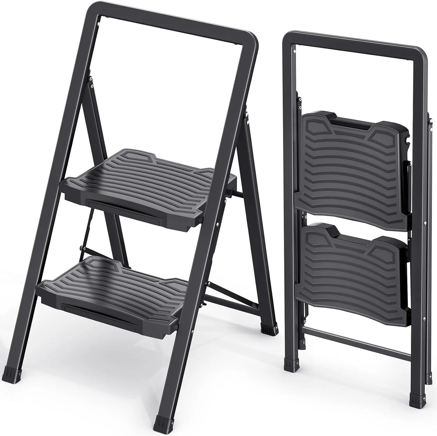 KINGRACK 2 Step Ladder, Folding Step Stool with Wide Anti-Slip Pedal and Handrails, Portable Lightwight Household Ladder, 800LBS Sturdy Steel Ladder, for Your Kitchen, Pantry, Closets, Office Use