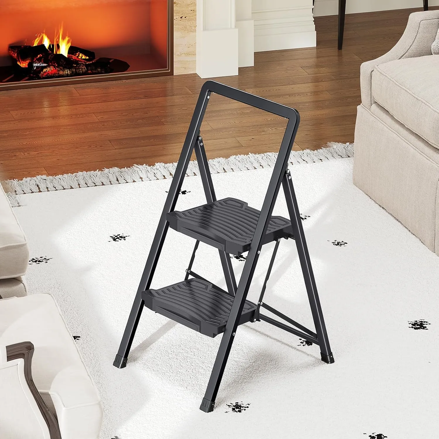 KINGRACK 2 Step Ladder, Folding Step Stool with Wide Anti-Slip Pedal and Handrails, Portable Lightwight Household Ladder, 800LBS Sturdy Steel Ladder, for Your Kitchen, Pantry, Closets, Office Use