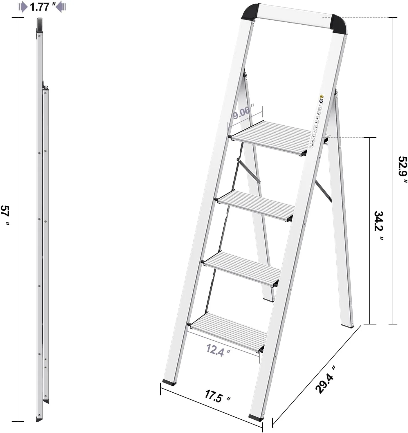 KINGRACK Aluminium 4 Step Ladder, Lightweight Step Stool with Non-Slip Pedals, Handrail, Foldable Step Ladder for Kitchen, Garage, Home, Space Saving, Sturdy and Portable, Silver