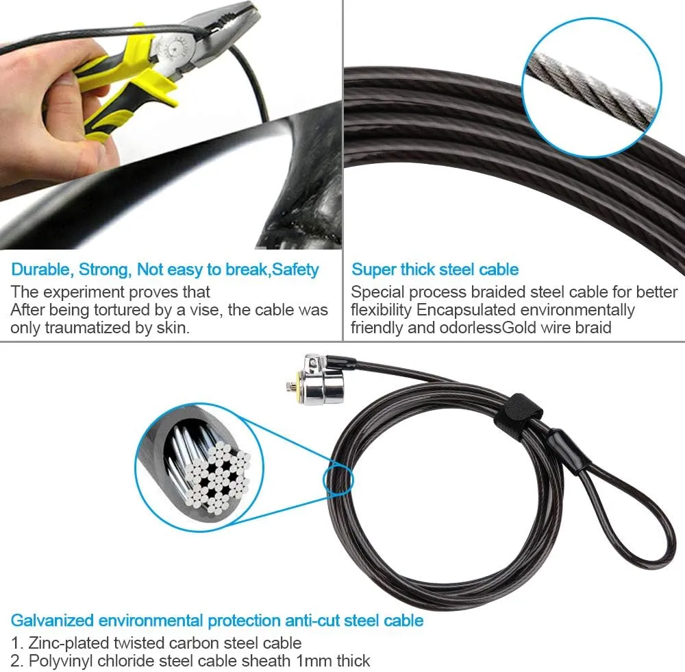 Laptop Cable Lock - 6.7Ft Security Cable with Adhesive Anchors - Compatible for Tablets, Laptops, iMac & Other Devices - 3 Keys (Keyed Different)